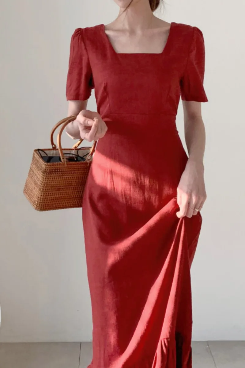 Summer French Style Elegant Dress Square Collar Cotton and Linen Ruffled Fishtail Dress Women's Slim Fit Slimming Waist Dress
Summer French Style Elegant Dress Square Collar Cotton and Linen Ruffled Fishtail Dress Women's Slim Fit Slimming Waist Dress