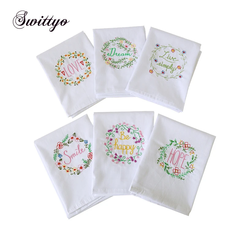 

6pcs/set Cute Kitchen Tea Towels with Embroidery Design White Hand Dish Napkin Housewarming Valentines Mothers Day Birthday Gift