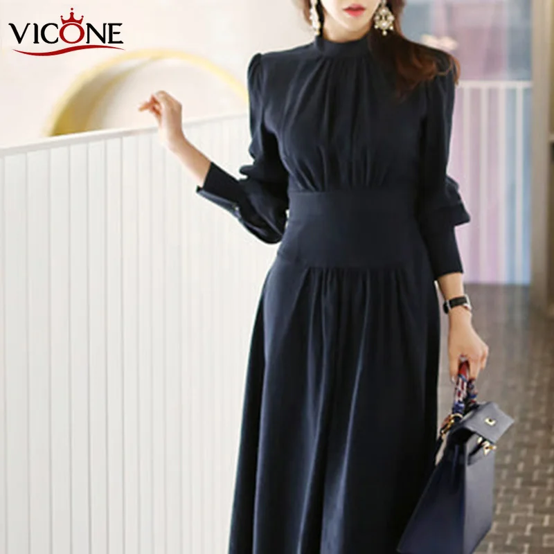 

VICONE Office Ladies Stand Collar Lantern Sleeve Women Dress Elegant Slim Waist A-line Ruched Female Long Dress Party Vestidos