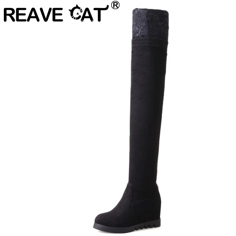 

REAVE CAT/2021 пикантные сапоги высотой до бедра, Сапоги выше колена из флока; Слипоны на платформе на шнуровке с каблуком 7 см внутренняя увеличение на толстой подошве с US11 12 черный A4477