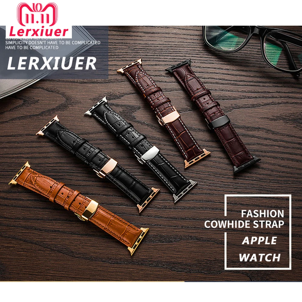 CRESTED Leather strap For Apple watch band 4 44mm 40mm Butterfly buckle bands Iwatch series 3 2 1 42mm 38mm bracelet wrist belt | Наручные