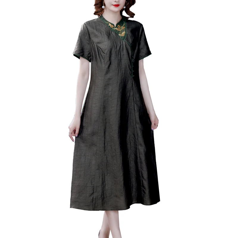 COIGARSAM 4XL Plus Size Embroidery Women dress Dresses Dark Green 8989