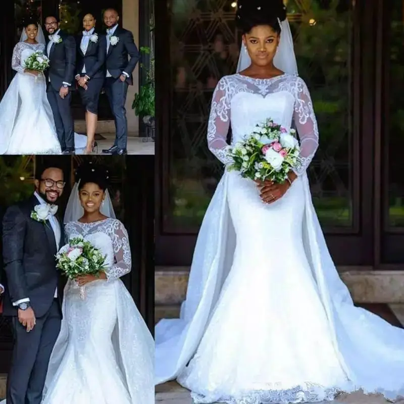 Mermaid Lace Wedding Dresses Detachable Skirt Sheer Long Sleeve African Arabic Country Bridal Gowns Custom Made
Mermaid Lace Wedding Dresses Detachable Skirt Sheer Long Sleeve African Arabic Country Bridal Gowns Custom Made