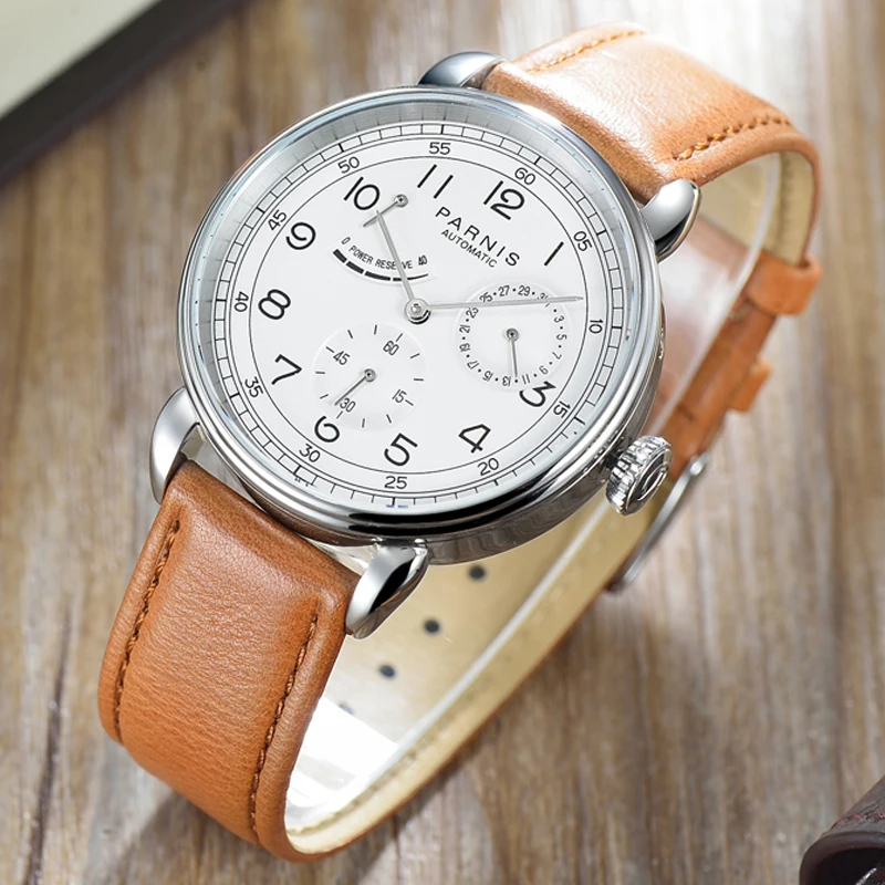 

Fashion Parnis 42mm Automatic Mechanical Men's Watch Silver Case Calendar Men Watches reloj hombre marca de lujo 2019 relogio