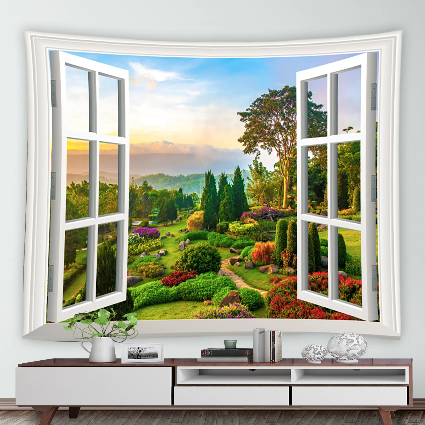 

Outside the Window Garden Landscape Tapestry Green Plants Trees Purple Red Flowers Wall Hanging Natural Scenery Tapestries Decor