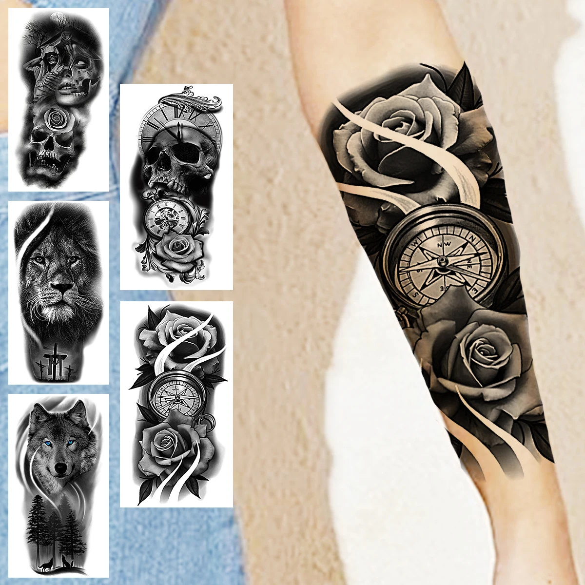 

Черные Цветочные Временные татуировки с компасом для женщин, Реалистичная страшная маска волка и льва для взрослых, наклейка-татуировка, та...