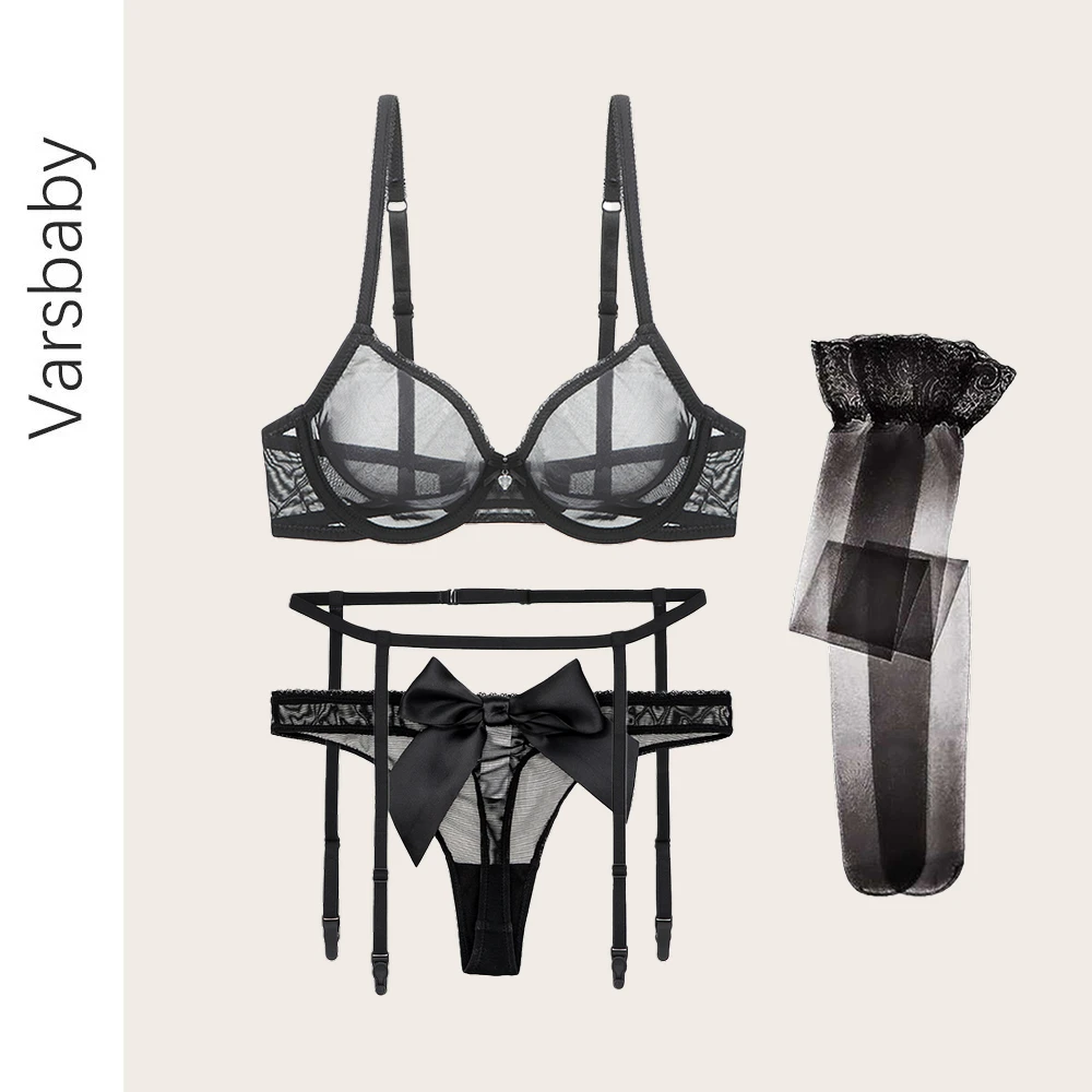 Женский модный комплект Varsbaby из 4 предметов, сексуальное нижнее белье, прозрачный бюстгальтер + кружевные стринги + Пояс для чулок + черные чу...
Женский модный комплект Varsbaby из 4 предметов, сексуальное нижнее белье, прозрачный бюстгальтер + кружевные стринги + Пояс для чулок + черные чу...