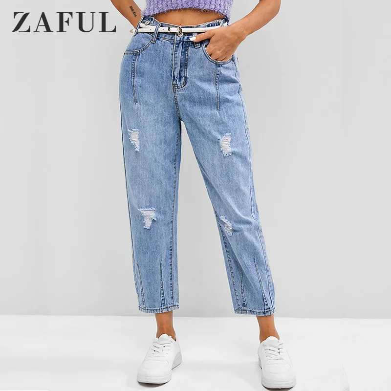 

ZAFUL Distressed High Waisted Denim Jeans Ankle-Length Ripped Boyfriend Denim Pants Trousers Large Size Fall 2020