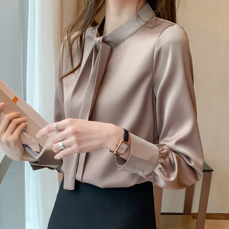 Summer New Women's Blouses Half High Collar Shirt Long Sleeve Top Solid Blouse Girl Satin Casual Fashion Ribbon Lady Blusas 
Summer New Women's Blouses Half High Collar Shirt Long Sleeve Top Solid Blouse Girl Satin Casual Fashion Ribbon Lady Blusas