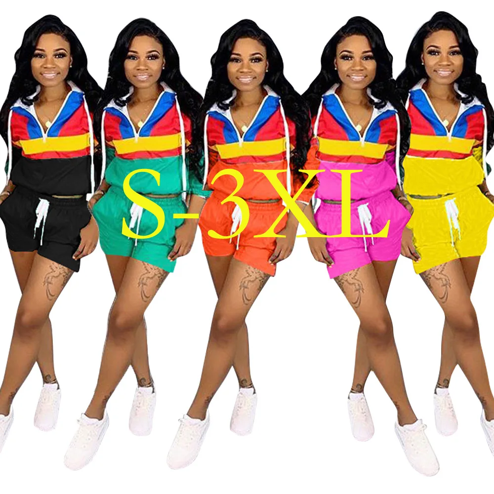 Hooded 2 Pieces Sport Sets Long Sleeve Zipper V Neck Top and Drawstring Biker Shorts Women Patchwork Tracksuit for 2021 Spring
Hooded 2 Pieces Sport Sets Long Sleeve Zipper V Neck Top and Drawstring Biker Shorts Women Patchwork Tracksuit for 2021 Spring
