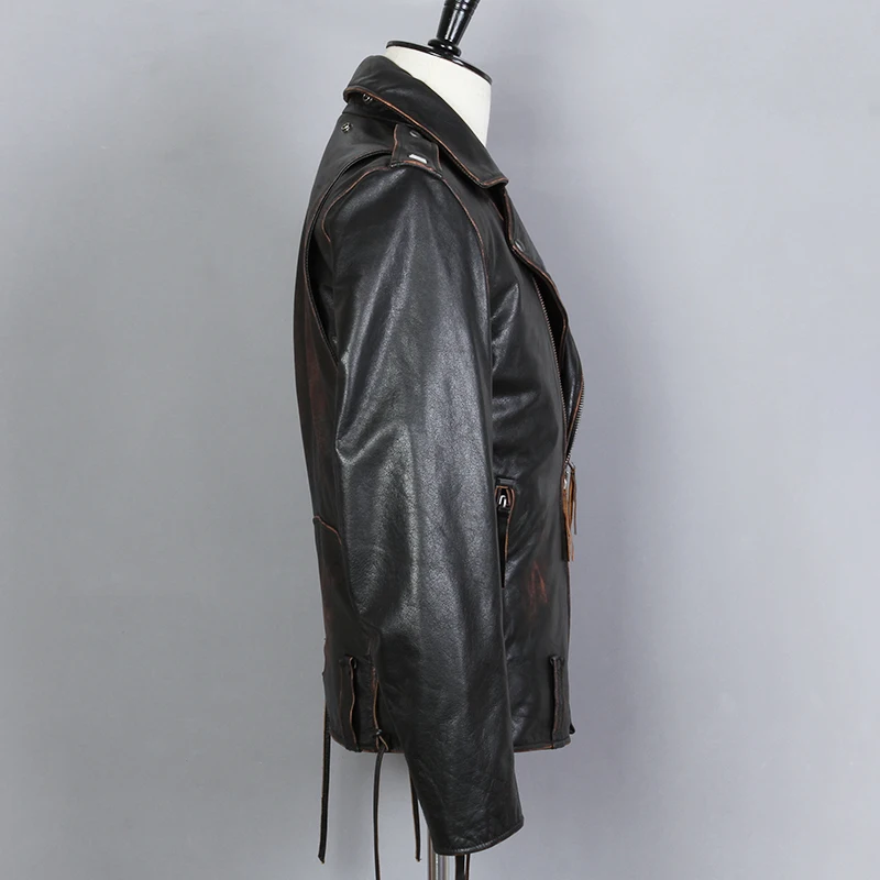 

Мужская Байкерская кожаная куртка, винтажная байкерская куртка из натуральной воловьей кожи с отложным воротником