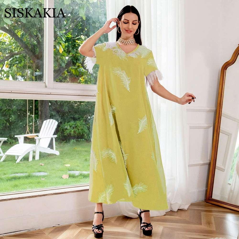 European and American Ladies Maxi Dress Fashion Feather Patchwork Embroidery Abaya Dubai Arabic Moroccan Clothes Loose Casual
European and American Ladies Maxi Dress Fashion Feather Patchwork Embroidery Abaya Dubai Arabic Moroccan Clothes Loose Casual