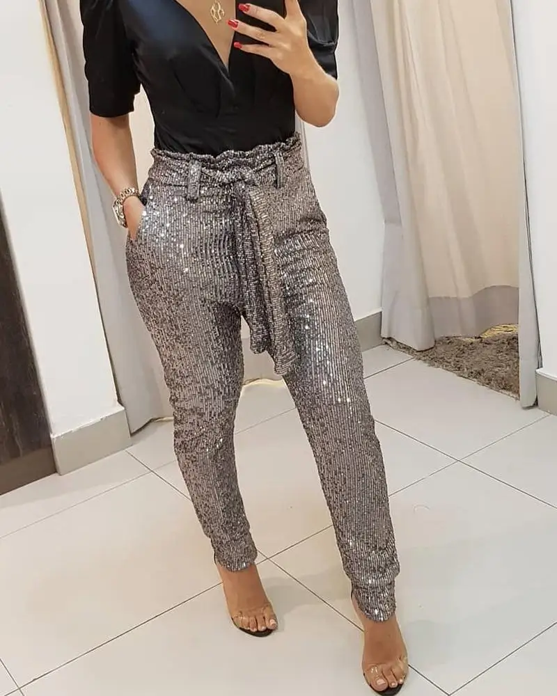 Фото Популярные женские блестящие брюки-карандаш с поясом новинка 2019 однотонные