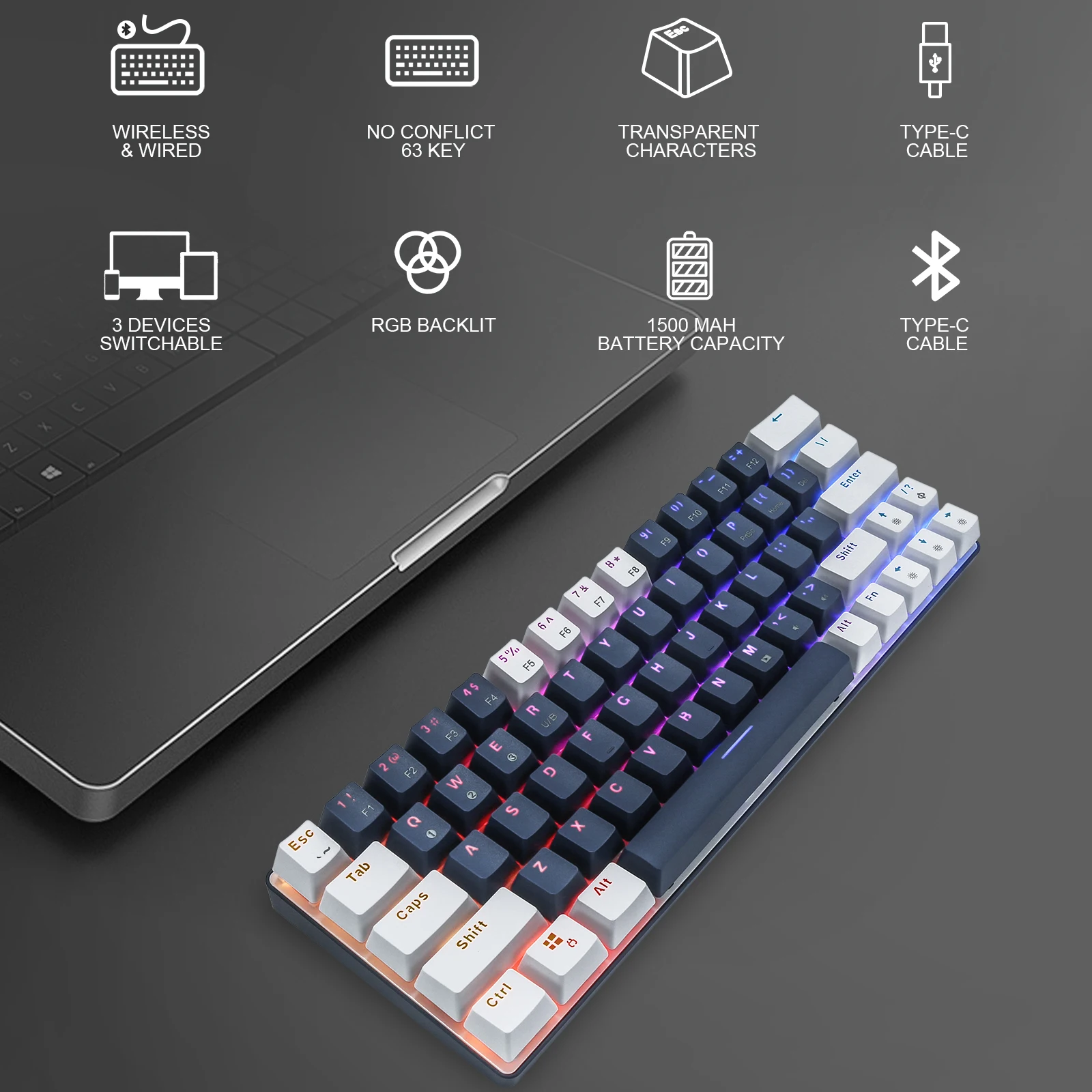 Механическая клавиатура HOU JI CQ63 проводная/беспроводная Bluetooth 63 клавиши