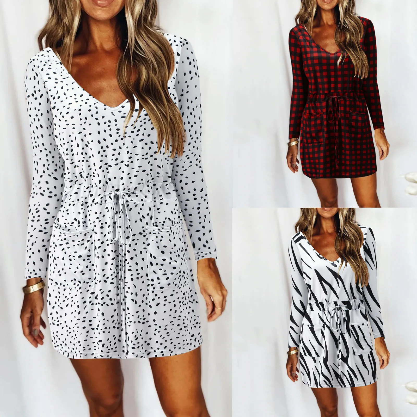 Women Casual Tie-dye Printed Dress Adults Autumn V-neck Long Sleeve Waist tie with 2 Pockets Red Plaid
Women Casual Tie-dye Printed Dress Adults Autumn V-neck Long Sleeve Waist tie with 2 Pockets Red Plaid