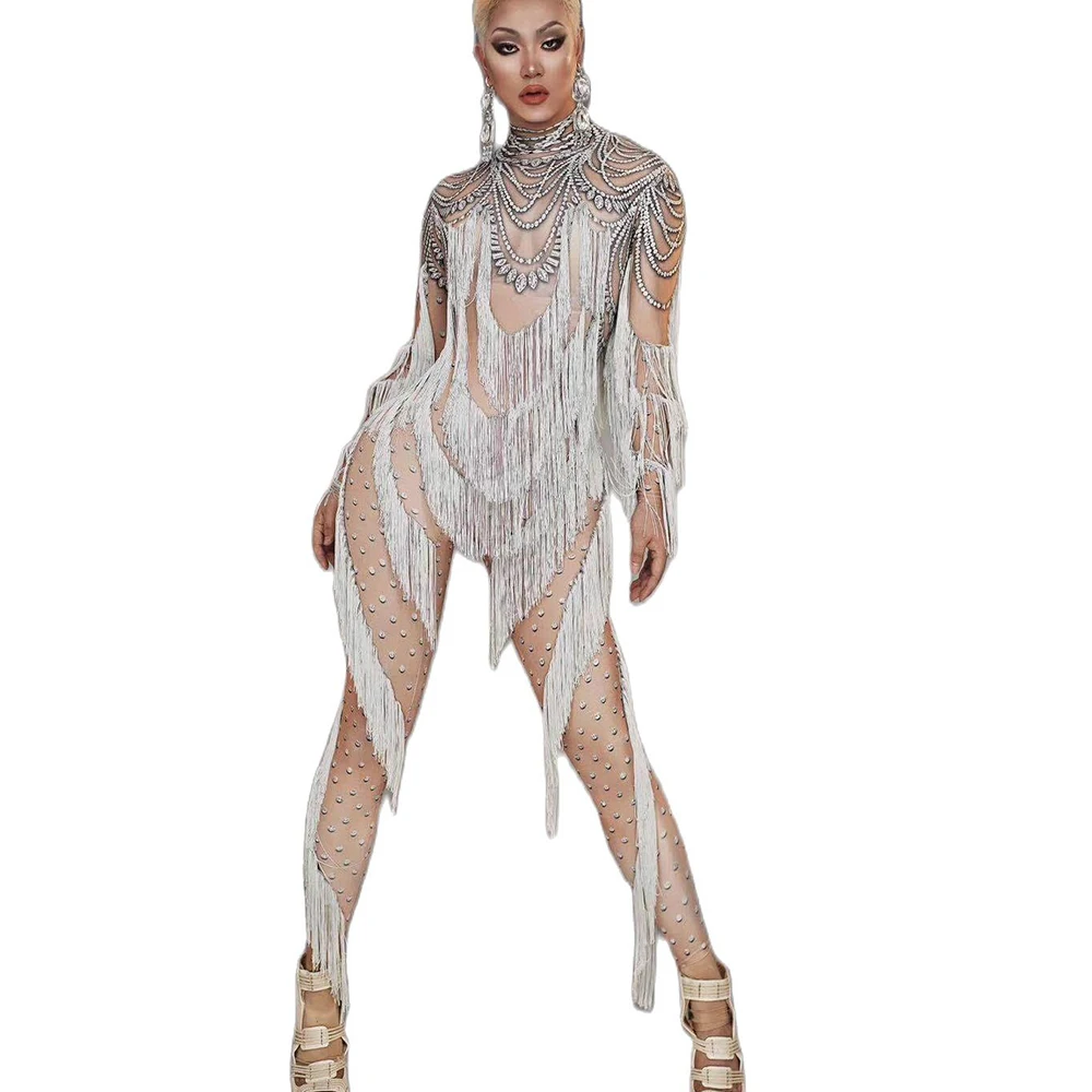 Grey Striped Printing Fringe Tassel Bodysuit Long Sleeve Performance Suit Tights Jumpsuit Women's Party Clothing Stage Wear Lady
Grey Striped Printing Fringe Tassel Bodysuit Long Sleeve Performance Suit Tights Jumpsuit Women's Party Clothing Stage Wear Lady
