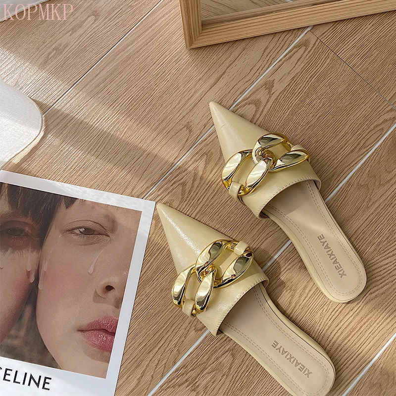 Fashion Women Slippers Pointed Toe Slip on Flats Heeled Metal Chain Yellow Shoes Summer Outdoor Slippers Shallow Flip Flops
Fashion Women Slippers Pointed Toe Slip on Flats Heeled Metal Chain Yellow Shoes Summer Outdoor Slippers Shallow Flip Flops