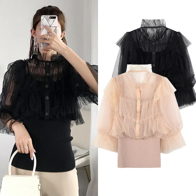 New new fashion women's clothing lace perspective splicing turtleneck han edition tidal wave point of knitted net yarn
New new fashion women's clothing lace perspective splicing turtleneck han edition tidal wave point of knitted net yarn