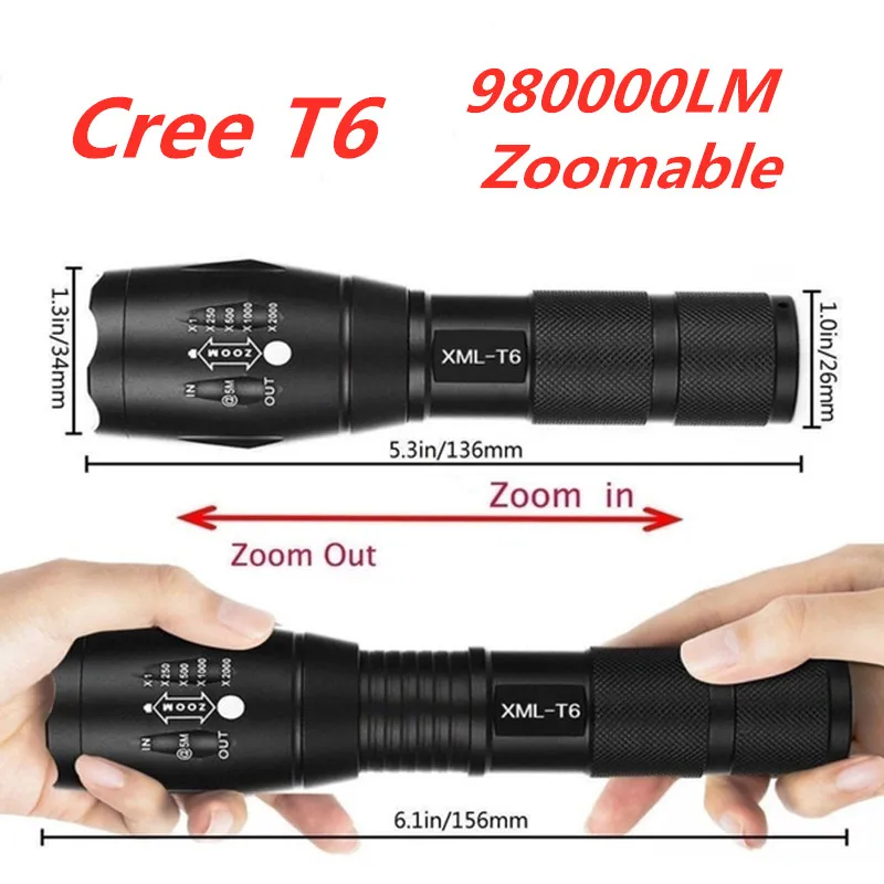Portable T6 Tactical Military LED Flashlight 980000LM Zoomable 5-Mode Without Battery Outdoor tools
Portable T6 Tactical Military LED Flashlight 980000LM Zoomable 5-Mode Without Battery Outdoor tools