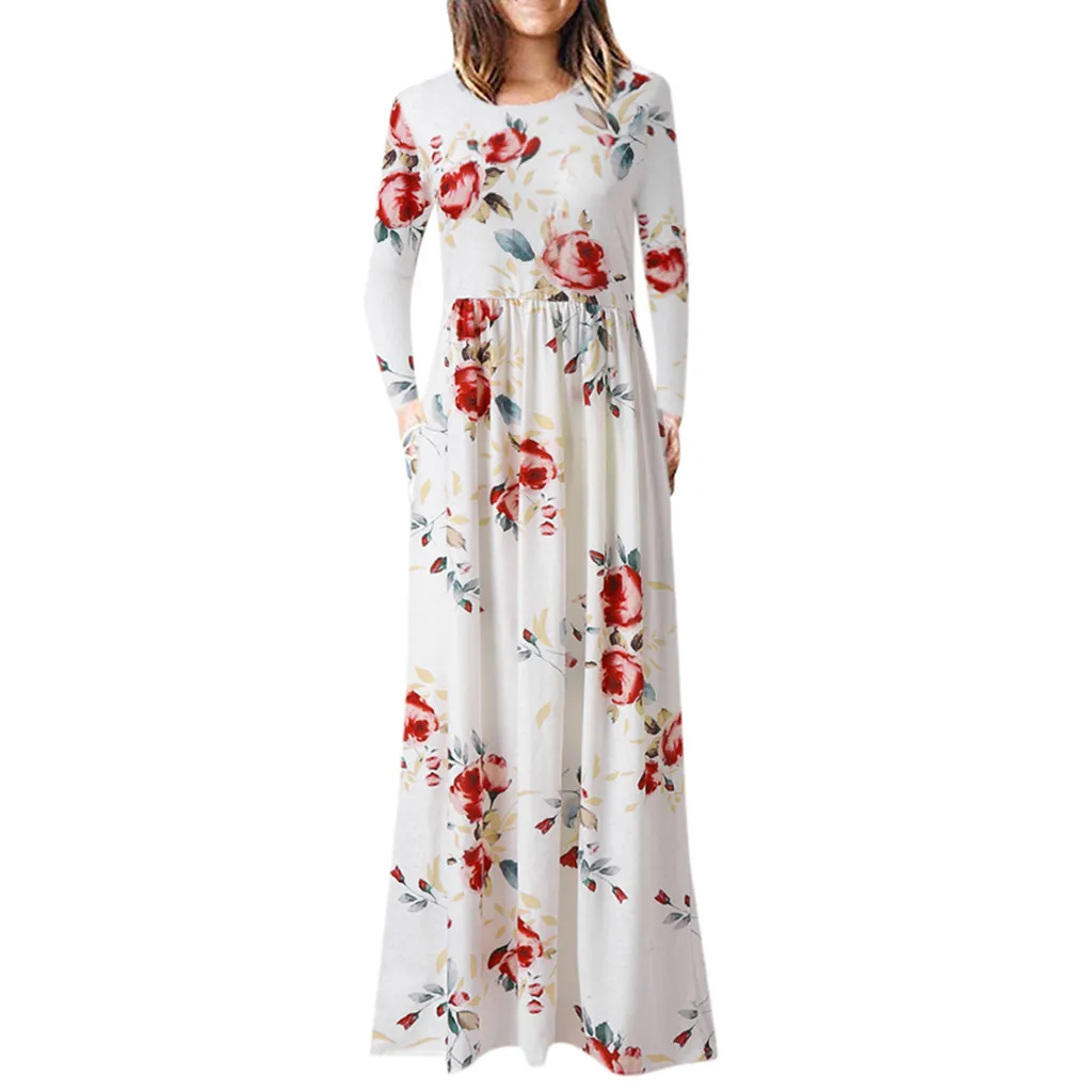 Осеннее платье длинное с цветочным принтом Boho пляжное туника Макси женское