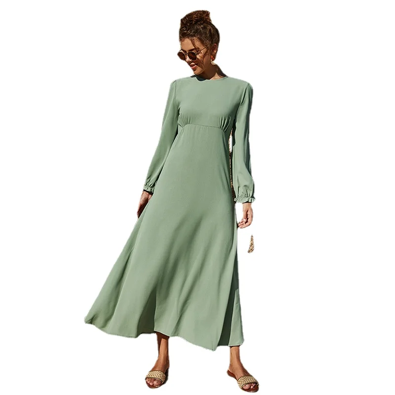 Women Dress Spring Autumn Chiffon Women O-Neck Solid Color Elastic Sleeve Long Sleeve Loose Leisure Lady Dress Vestido Donsignet 
Women Dress Spring Autumn Chiffon Women O-Neck Solid Color Elastic Sleeve Long Sleeve Loose Leisure Lady Dress Vestido Donsignet