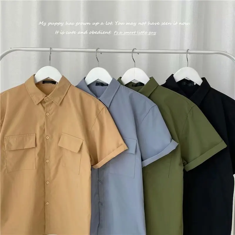 

Рабочие короткая рубашка с рукавами мужские летние тонкие Стиль Hong Kong модная куртка повседневная обувь для влюбленных; Рубашка