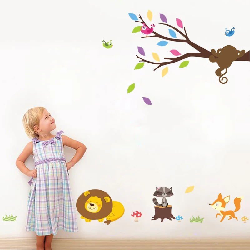 25*70cm forest lion monkey raccoon birds tree wall stickers for kids rooms home decorations cartoon animals decals pvc mural art
25*70cm forest lion monkey raccoon birds tree wall stickers for kids rooms home decorations cartoon animals decals pvc mural art