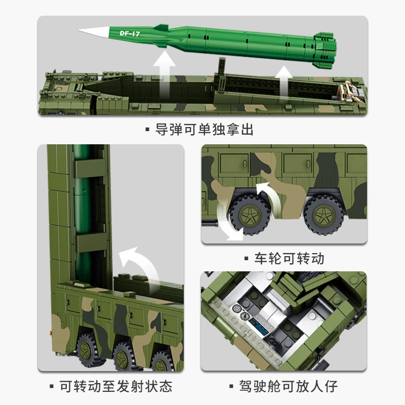 Military Series WW2 Dongfeng 17 1164PCS Medium Range Ballistic Missile Army Soldier Weapon Model Building Block Children Toys
Military Series WW2 Dongfeng 17 1164PCS Medium Range Ballistic Missile Army Soldier Weapon Model Building Block Children Toys