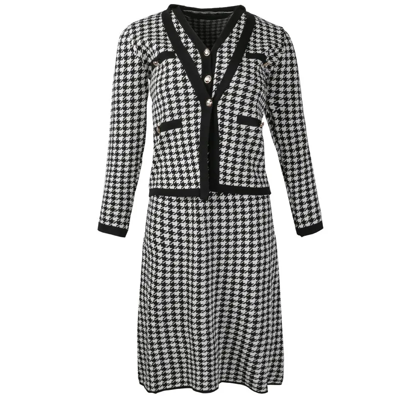 Women Autumn Winter Retro Houndstooth Set Long Sleeve Casual Loose Cardigan+Sleeveless A-line Tank Dress Two Piece Set
Women Autumn Winter Retro Houndstooth Set Long Sleeve Casual Loose Cardigan+Sleeveless A-line Tank Dress Two Piece Set