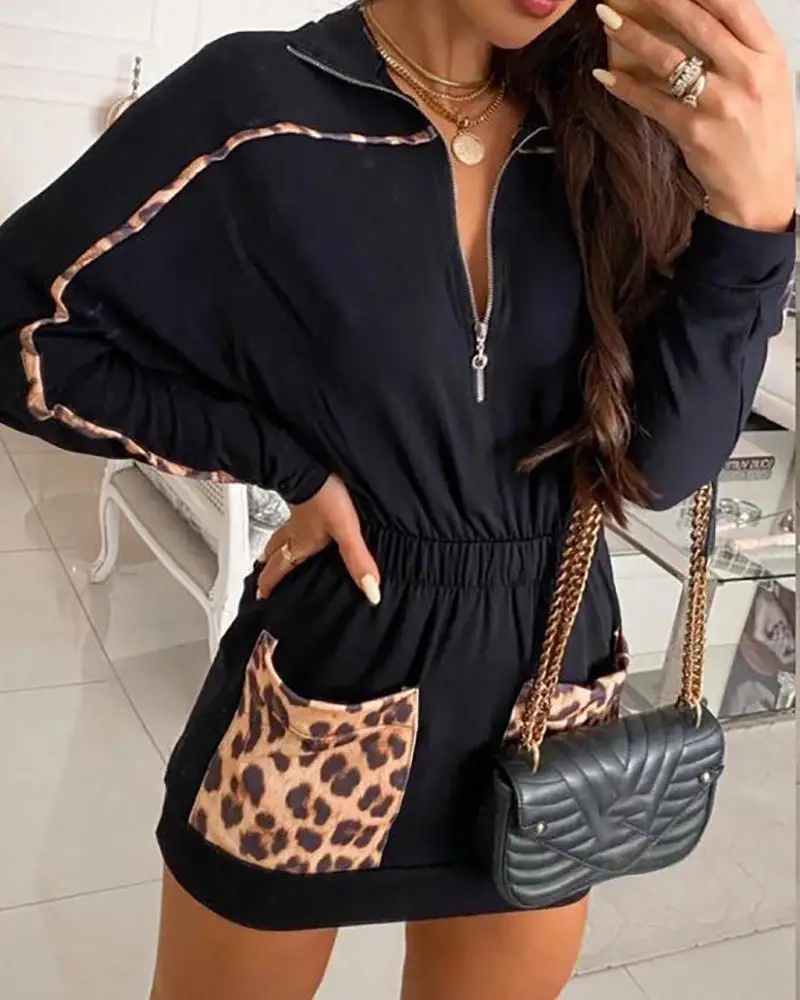 Женское платье с длинным рукавом, элегантное платье на молнии с леопардовым принтом и накладными карманами, с полуоткрытым воротником, осен... 
Женское платье с длинным рукавом, элегантное платье на молнии с леопардовым принтом и накладными карманами, с полуоткрытым воротником, осен...