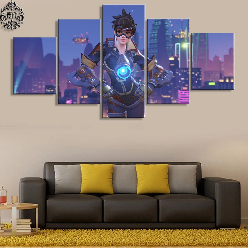 Домашний декор плакат HD фотографии печать холст 5 шт. модульный Overwatch Tracer игра