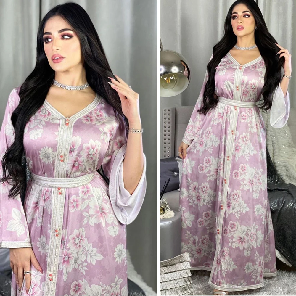 Dubai Muslim Women Floral Printed Long Dress Casual V-neck Elegant Party Evening Middle East Flare Sleeve Ribbons Ethnic Style
Dubai Muslim Women Floral Printed Long Dress Casual V-neck Elegant Party Evening Middle East Flare Sleeve Ribbons Ethnic Style