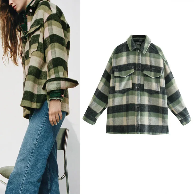 Za 2021 Woman Plaid Overshirt Autumn Vintage Lapel Long Sleeves Chic Pocket Jackets Casual Loose Button Green Female Shirt Coats
Za 2021 Woman Plaid Overshirt Autumn Vintage Lapel Long Sleeves Chic Pocket Jackets Casual Loose Button Green Female Shirt Coats