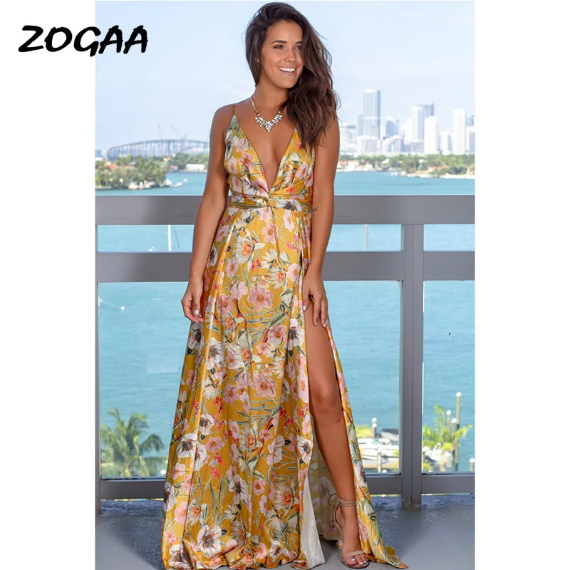 

ZOGAA Women's Sling Floral Long Dresses arrival Summer Boho V-Neck Sleeveless Evening Party Beach Maxi Dress Casual Sundress