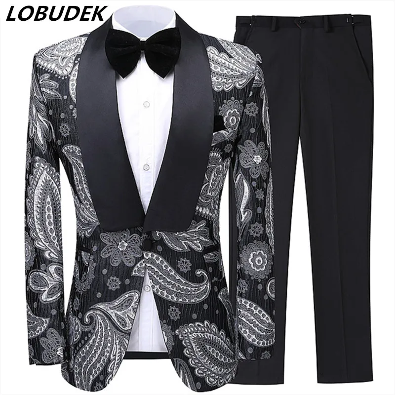 

Fashion Jacquard Weave Blazer Black Pant 2-Pieces Men's Suit Groom Wedding Dress Evening Party Singer Host Slim Stage Costume