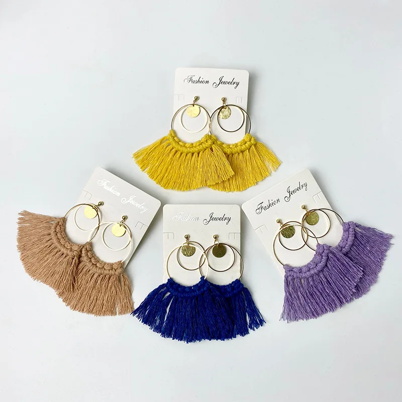 Handmade Macrame Fan Fringe Tassel Hoop Drop Earrings for Women Trendy Party Fashion Jewelry Wholesale
Handmade Macrame Fan Fringe Tassel Hoop Drop Earrings for Women Trendy Party Fashion Jewelry Wholesale
