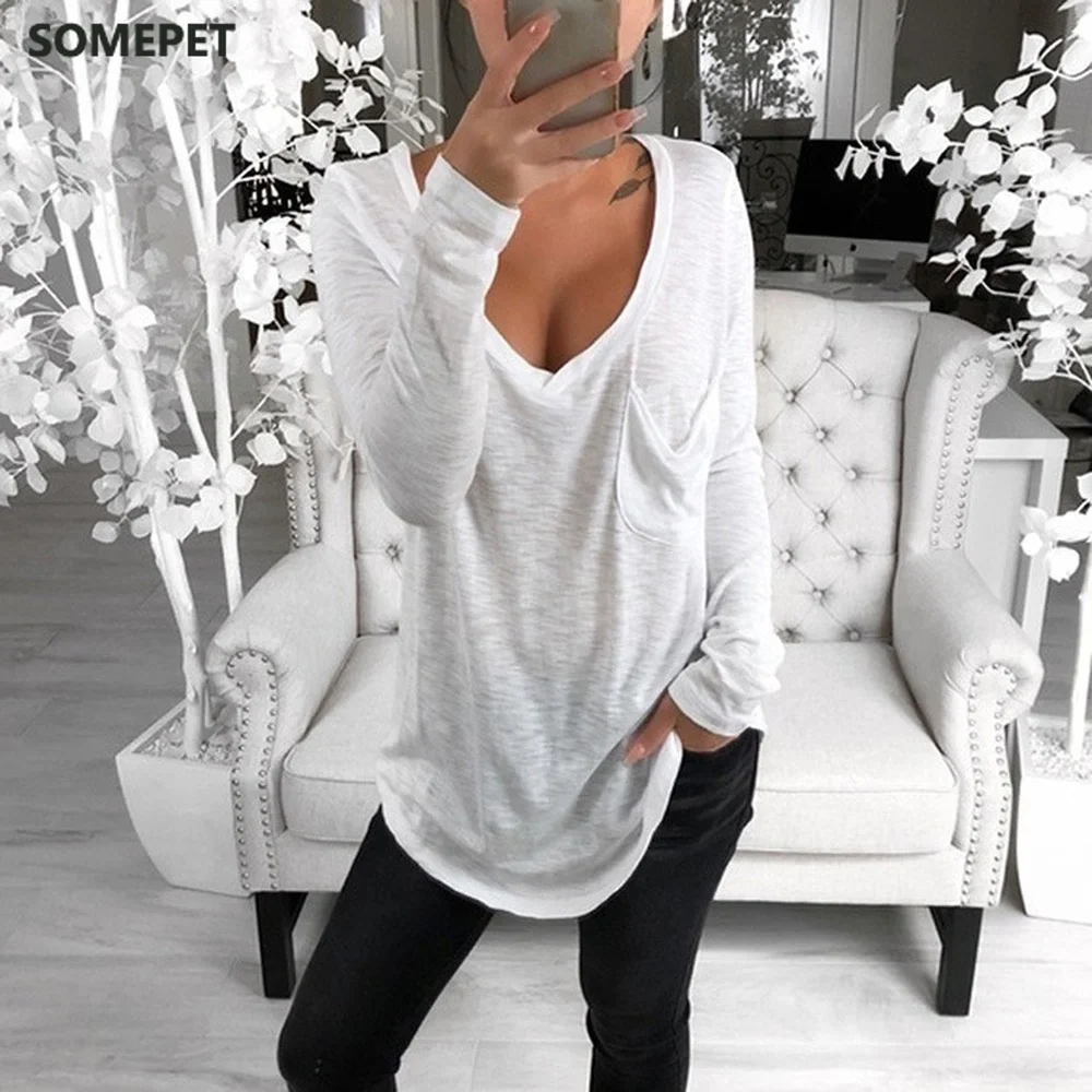 Casual Long Shirts Top Spring New Women's T-shirts With Pocket Female Solid Loose Tee Shirt Big Sizes 3XL Deep V-Neck Shirt
Casual Long Shirts Top Spring New Women's T-shirts With Pocket Female Solid Loose Tee Shirt Big Sizes 3XL Deep V-Neck Shirt