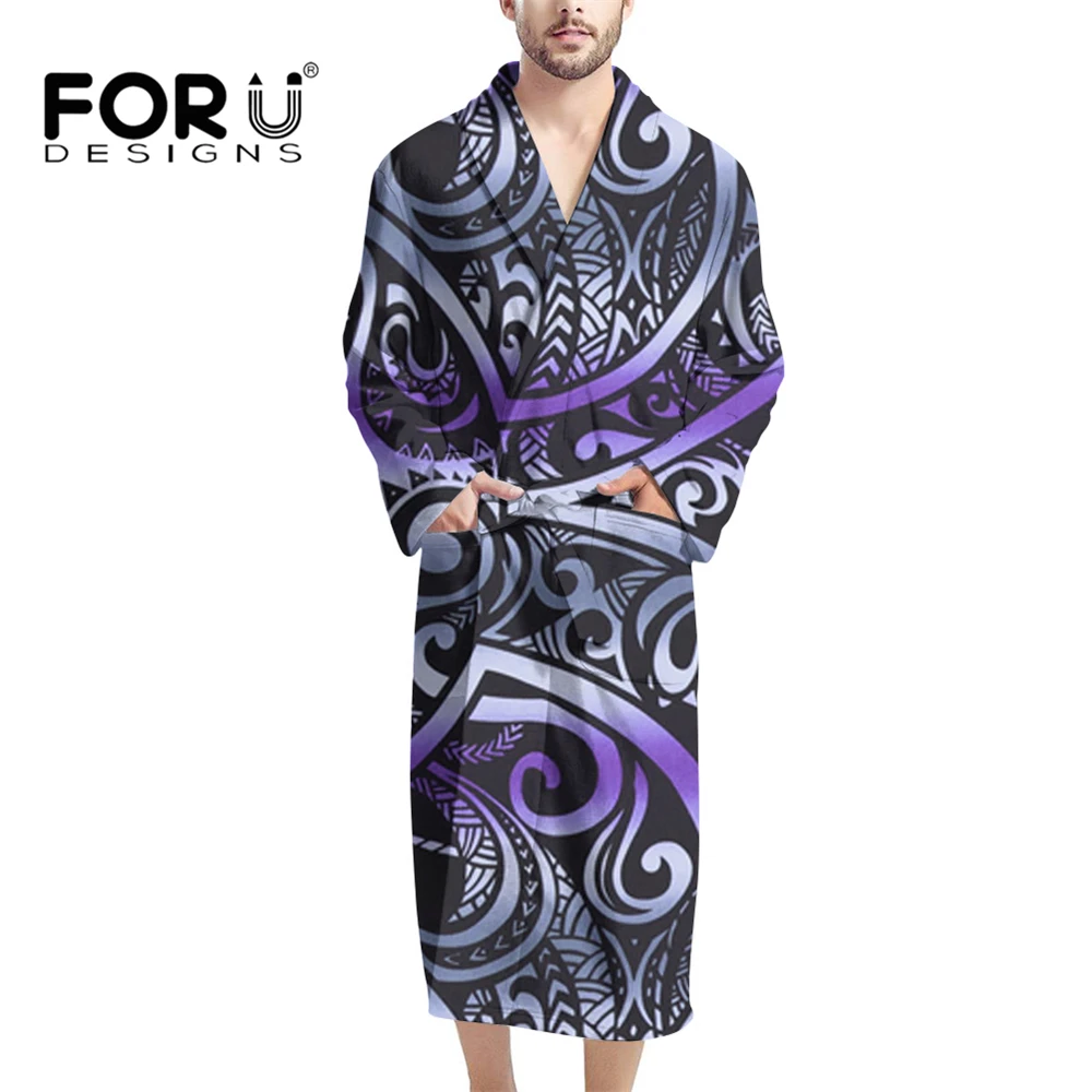 

FORUDESIGNS Polynesian Traditional Tribal Printed Hawaii Bathrobe For Mens Flannel Terry Cloth Bathrobe Shawl Collar Spa Robe