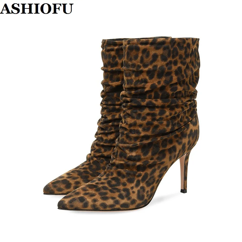 ASHIOFU Handmade New Elegant Ladies High Heels Boots Leopard Pleated Style Ankle Booties Sexy Evening Club Fashion Short Boots
ASHIOFU Handmade New Elegant Ladies High Heels Boots Leopard Pleated Style Ankle Booties Sexy Evening Club Fashion Short Boots