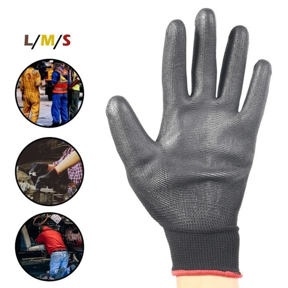 

12 Pairs S/M/L Nylon PU Safety Working Gloves Builders Grip for Palm Coating Gloves Carpenters Maintenance Workers Supplies