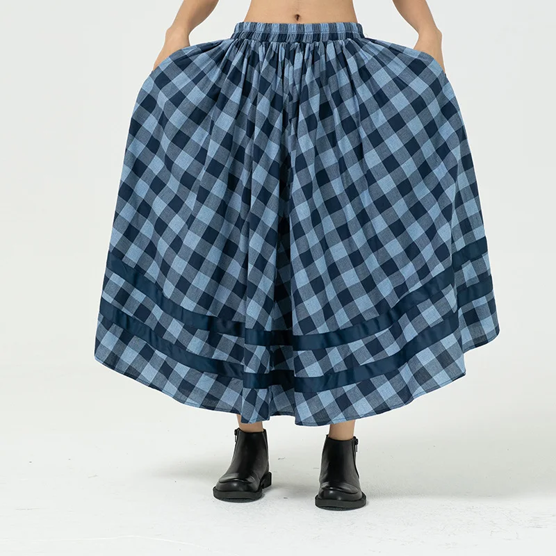 2021 Streetwear Plaid Pleated Big Swing A-Line Mid-Calf Woman Skirts