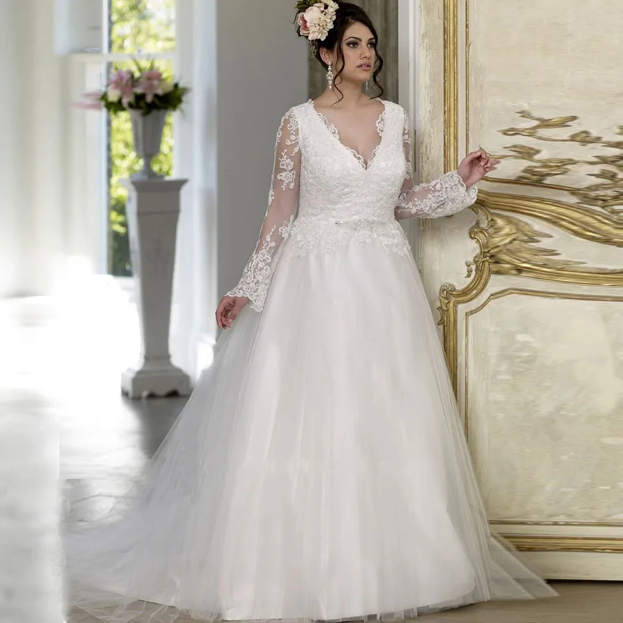 V-neck Tulle Long Sleeve A-line Wedding Dress with Crystal Lace Applique Plus Size Lace-up Bridal Dress vestido de noiva
V-neck Tulle Long Sleeve A-line Wedding Dress with Crystal Lace Applique Plus Size Lace-up Bridal Dress vestido de noiva