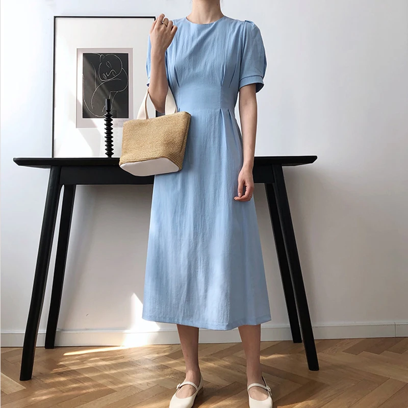 SHENGPALAE Blue Back Lace Up Waist Dress Women's Summer 2021 New Round Neck Puff Short Sleeve Mid-calf Dresses Female Tide 5E173
SHENGPALAE Blue Back Lace Up Waist Dress Women's Summer 2021 New Round Neck Puff Short Sleeve Mid-calf Dresses Female Tide 5E173