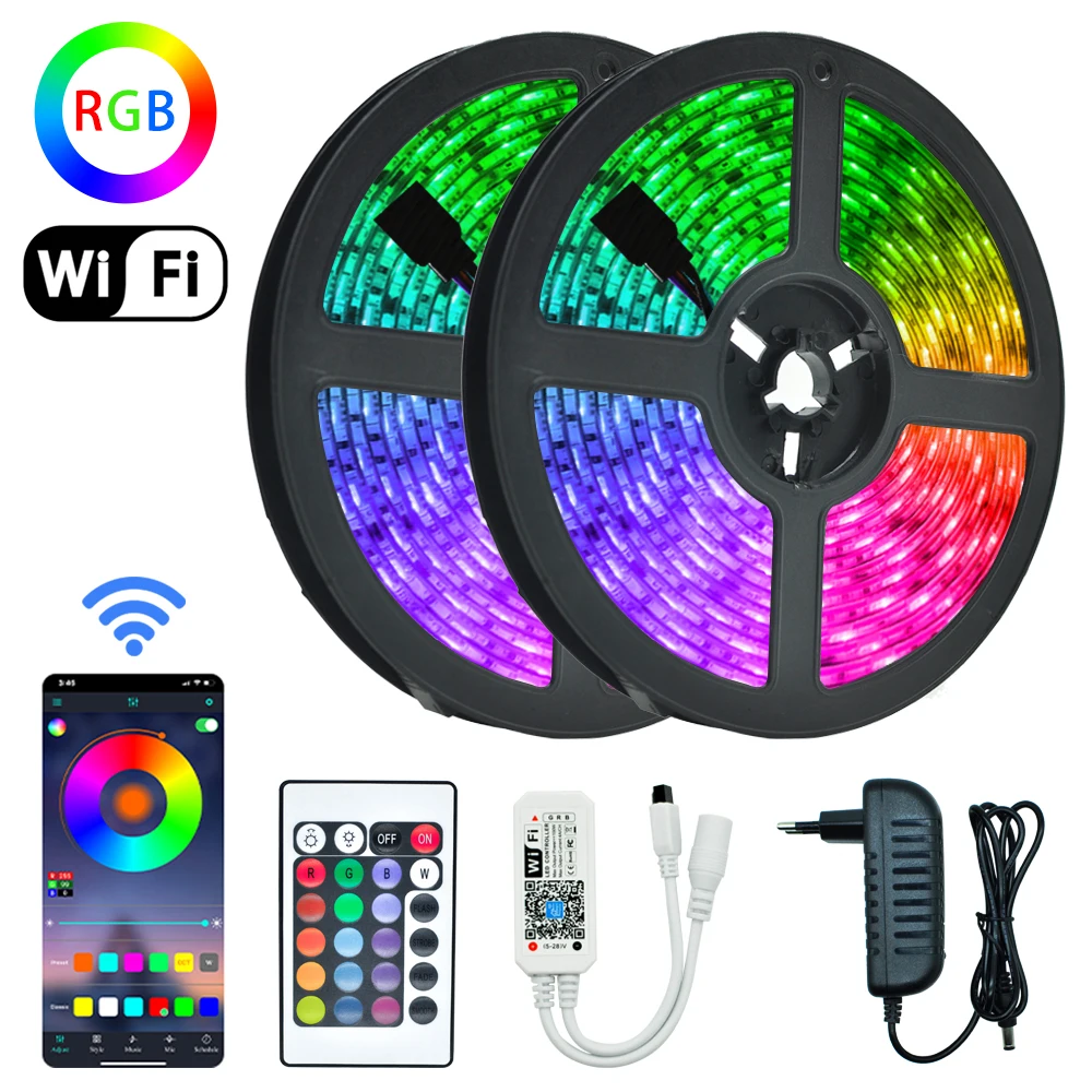 

Светодиодный полосы света WI-FI Тира de Luces светодиодный RGB 5050 SMD 2835 Водонепроницаемый Гибкая лампа лента DC 12V 5, 10 м, 15 м, 20 м инфракрасный Управлен...