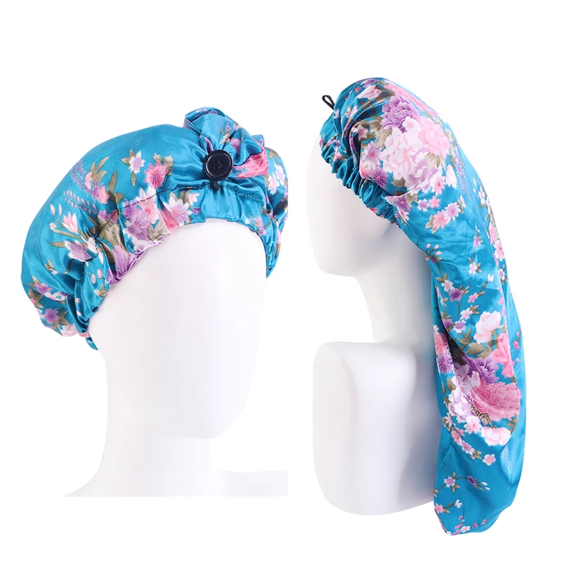 New Satin bonnet Elastic band turban with button adjustable print decoration Long turban hair care night sleep cap headcover
New Satin bonnet Elastic band turban with button adjustable print decoration Long turban hair care night sleep cap headcover