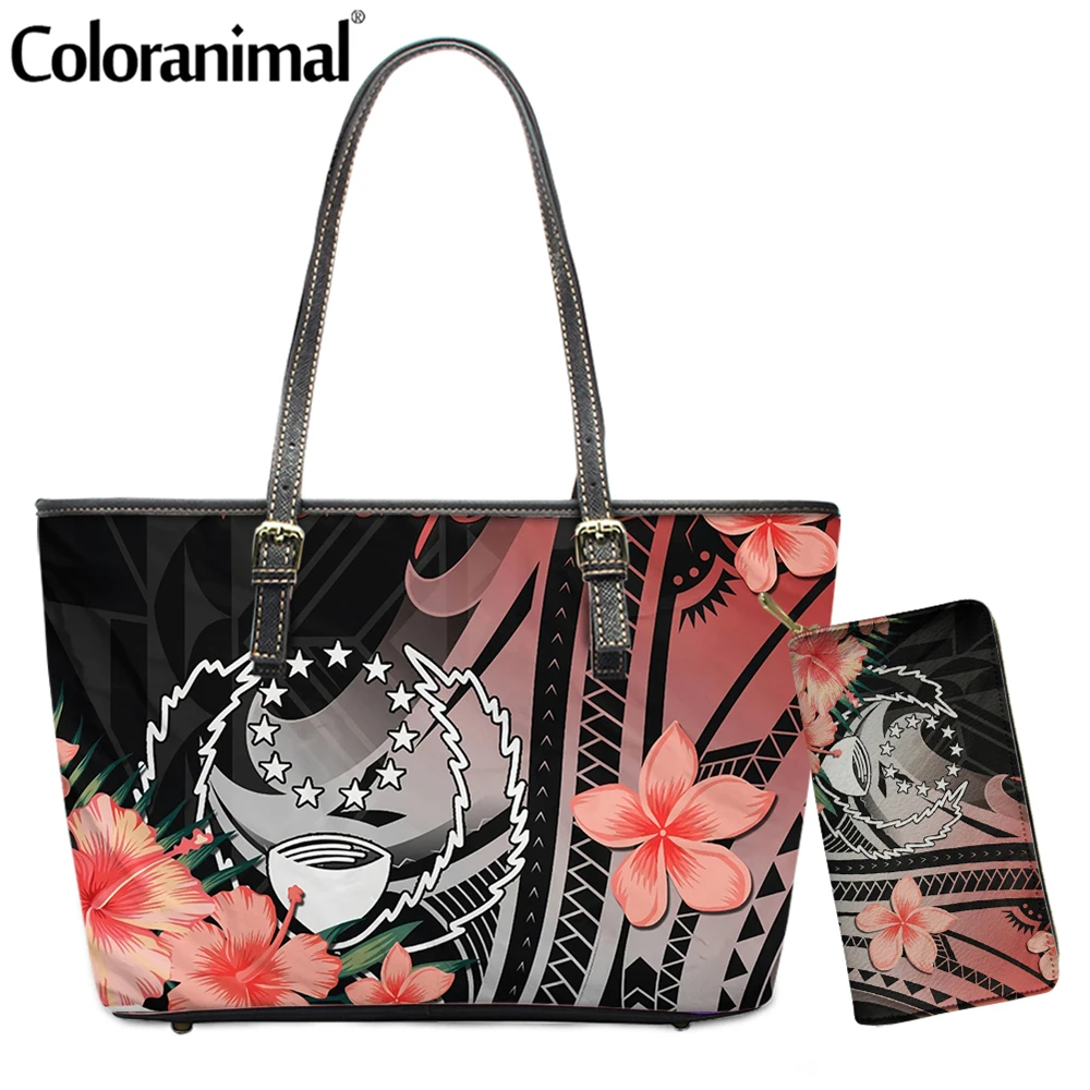 

Coloranimal Pretty Pohnpei Polynesian Hibiscus Pattern Women Handbag 2Pcs/Set Shoulder Bag&Wallet PU Leather Tote Bolsa 2021 Hot