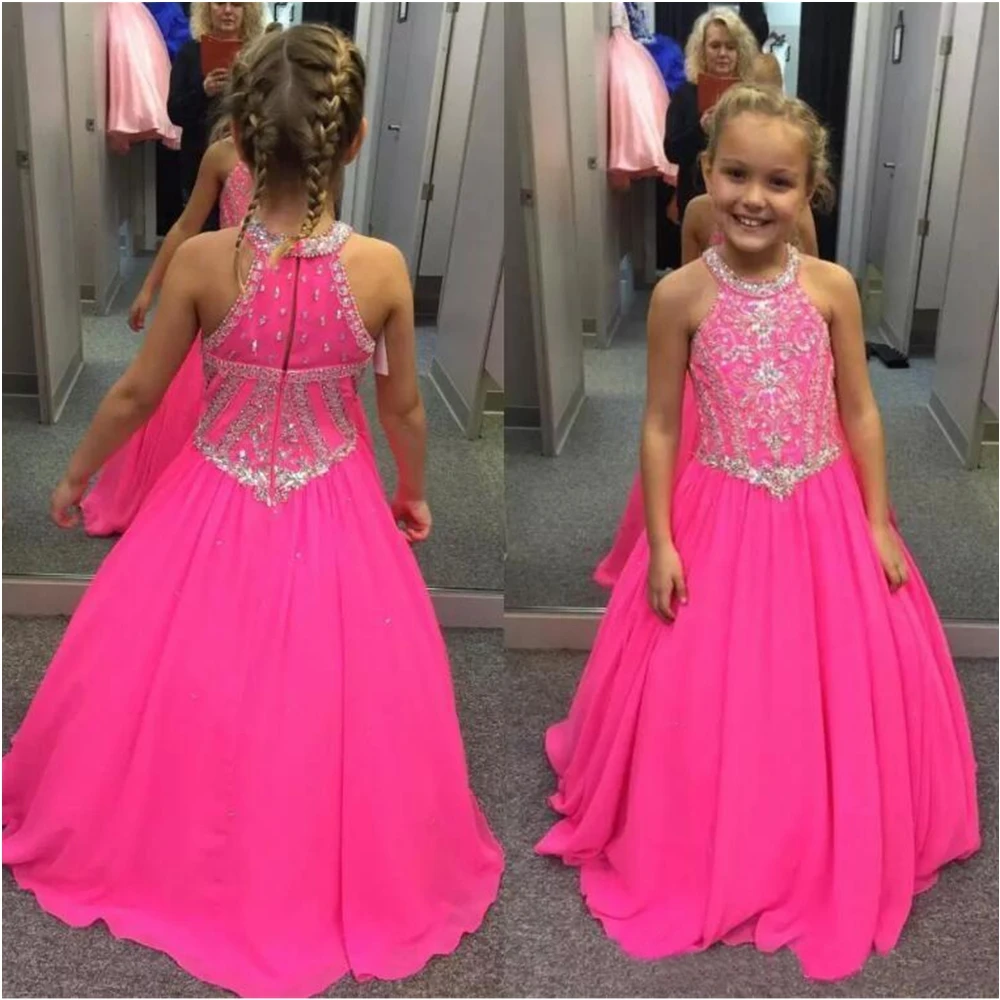 

High collar bead sequins chiffon girl beauty pageant flower girl dress child formal birthday Christmas wedding party activities