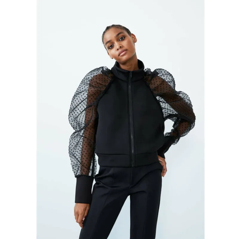 chaqueta mujer Autumn Women Polka Dot Sheer Mesh Long Puff Sleeve Slim Tops Jackets Zipper Coat manteau femme
chaqueta mujer Autumn Women Polka Dot Sheer Mesh Long Puff Sleeve Slim Tops Jackets Zipper Coat manteau femme