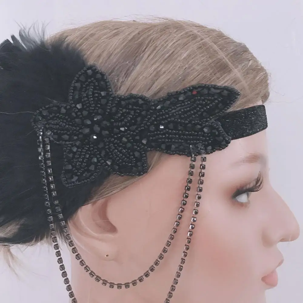 1920s Black Crystal Rhinestone Headband Accessories For Flapper Black Feather Headband For Women Factory Sale 
1920s Black Crystal Rhinestone Headband Accessories For Flapper Black Feather Headband For Women Factory Sale