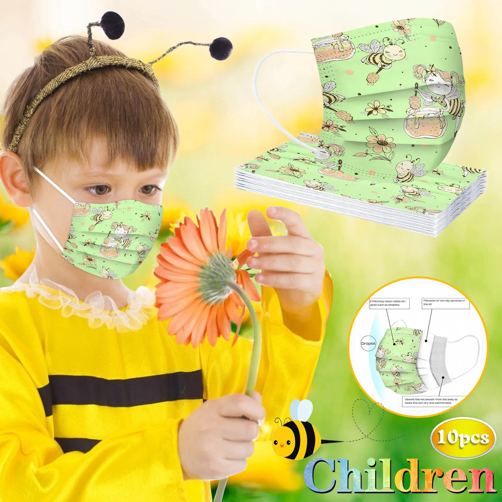 50pcs Children's Bee Print Disposable Facemasks Mascarillas Para Nios Industrial 3ply Ear Loop Kids Disposable Facemasks